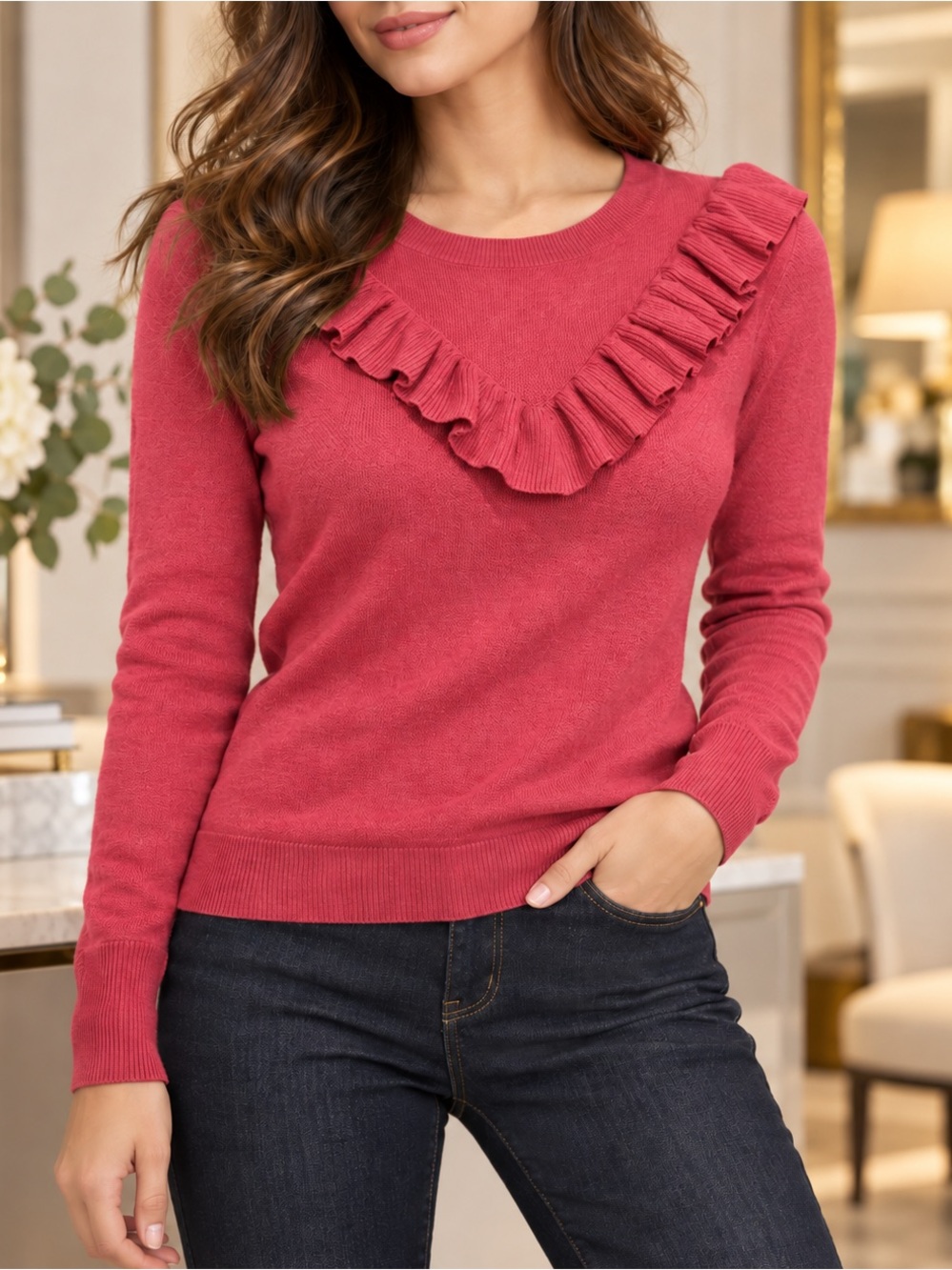 A New Day Pink Ruffle Sweater Size S Feminine Statement Knit Top